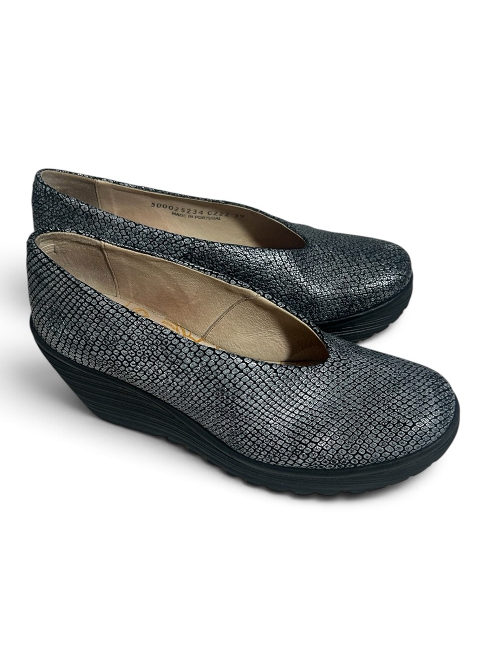 Fly London Yaz Metallic Black Textured Wedge Slip on shoes 39